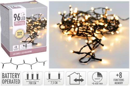 (KAR) KARÁCSONYI FÜZÉR ELEMES  96LED 7,5M WARMWHITE 1DB