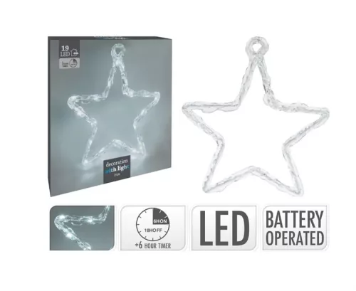 (KAR) KARÁCSONYI CSILLAGDíSZ 19LED FEHÉR FÉNYŰ 21CM  1DB